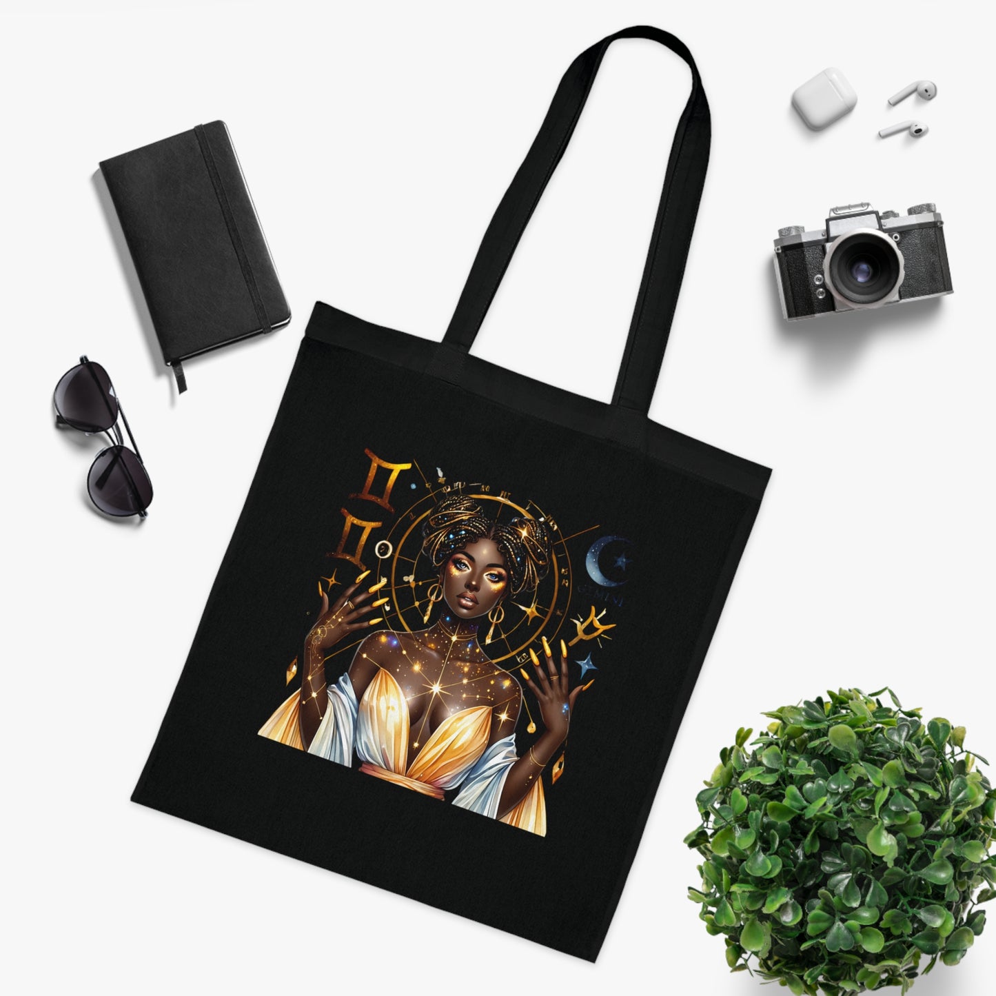 Gemini Star Goddess Cotton Tote — Astrology Zodiac Art Tote Bag