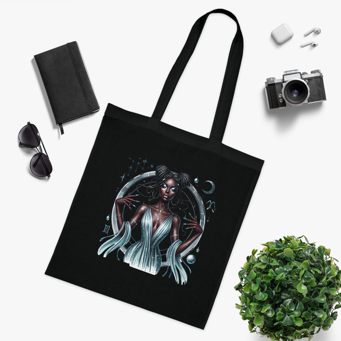 Mystic Moon Goddess Cotton Tote — Astrological Witchy Art Tote Bag