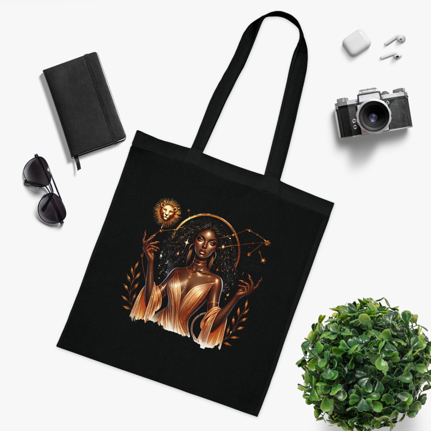 Leo Zodiac Tote Bag — Golden Black Woman Astrology Design Cotton Tote