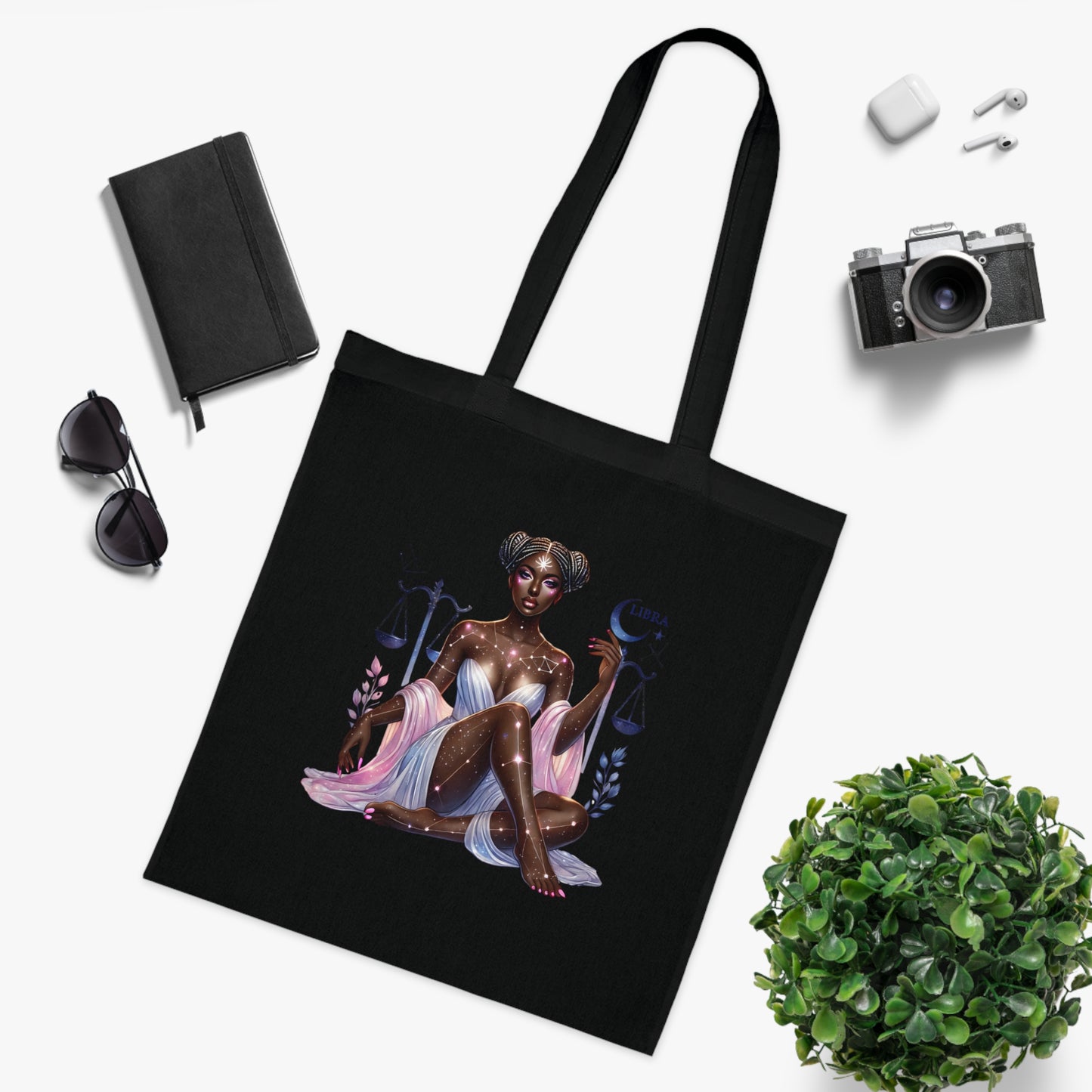 Libra Zodiac Tote Bag — Cosmic Black Woman Illustration, Astrology Gift