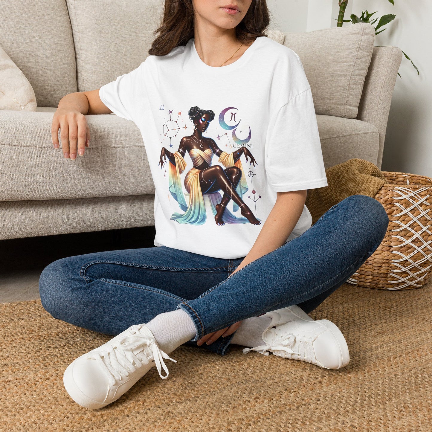 Gemini Zodiac Tee — Celestial Black Goddess Astrology T-Shirt