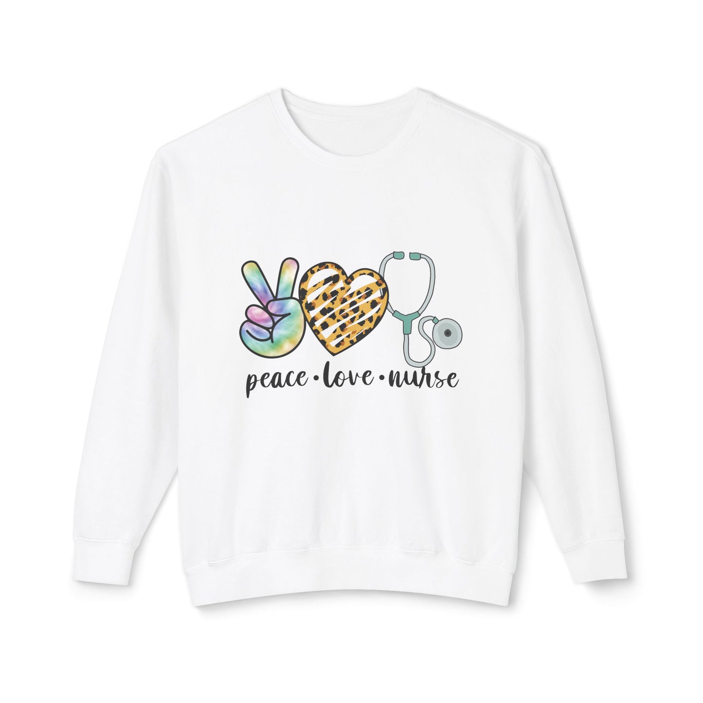 Nurse Crewneck Sweatshirt — "Peace • Love • Nurse" Tie-Dye & Leopard Heart