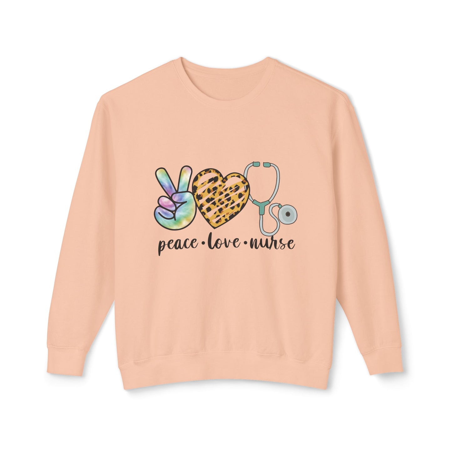 Nurse Crewneck Sweatshirt — "Peace • Love • Nurse" Tie-Dye & Leopard Heart