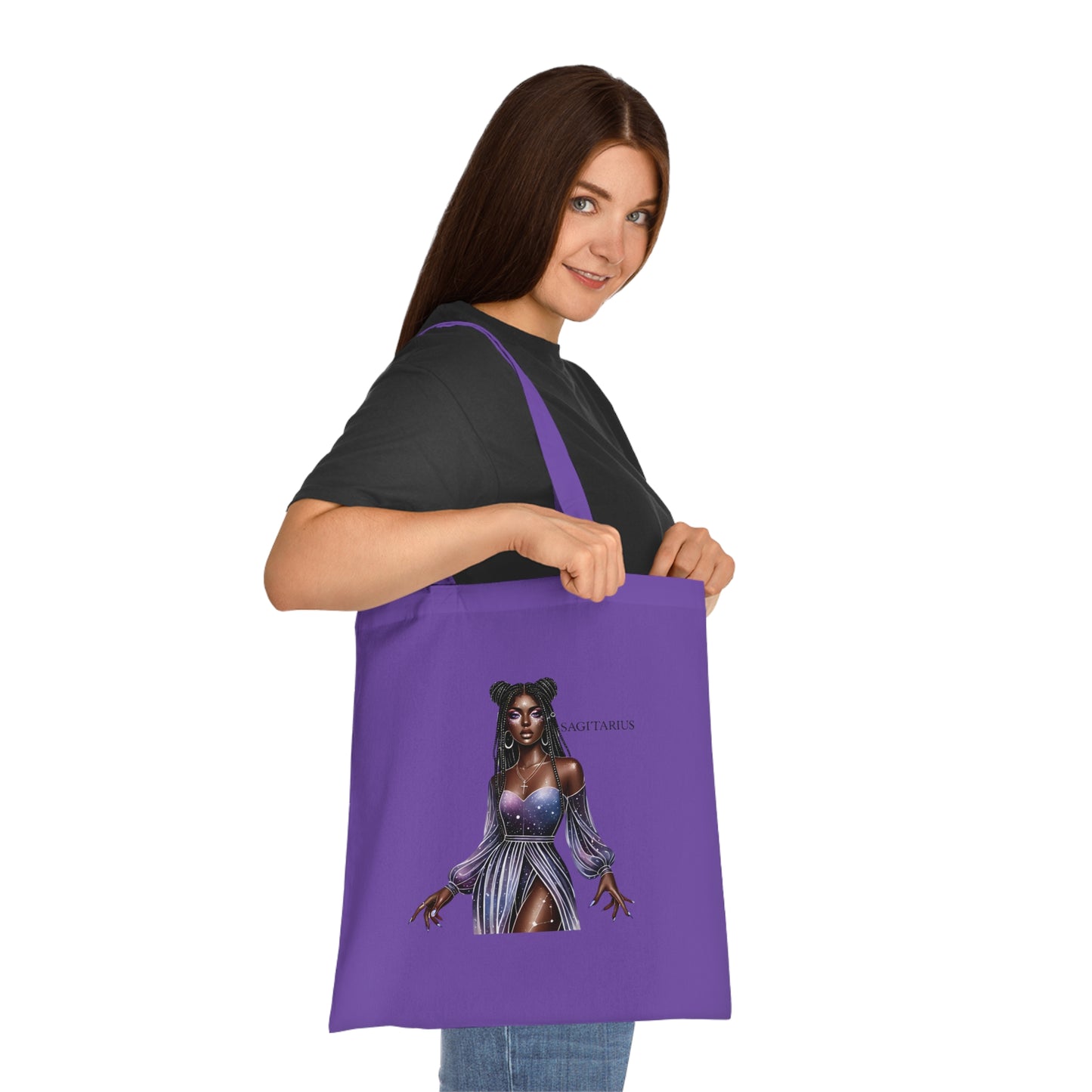 Sagittarius Zodiac Girl Cotton Tote Bag — Mystic Purple Astrology Tote