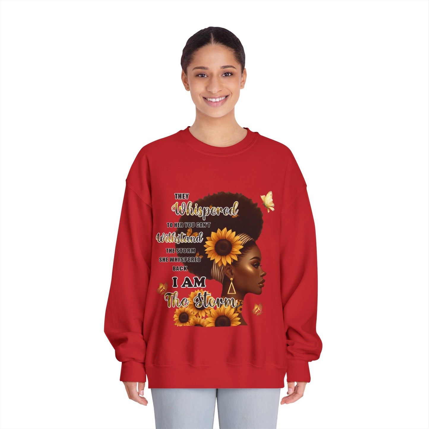 Sunflower Crown Crewneck Sweatshirt — "I Am The Queen" Inspirational Afrocentric Design