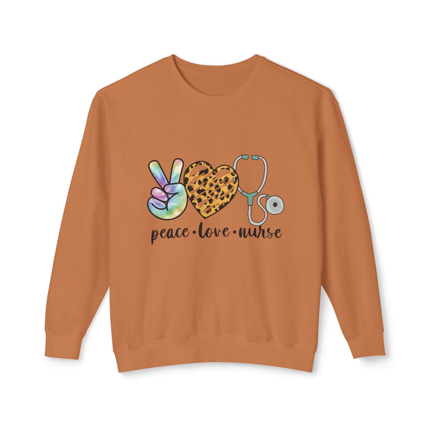 Nurse Crewneck Sweatshirt — "Peace • Love • Nurse" Tie-Dye & Leopard Heart