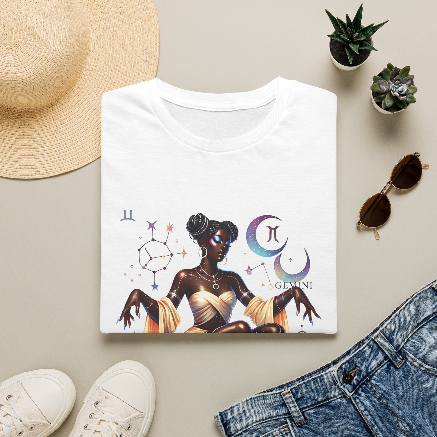 Gemini Zodiac Tee — Celestial Black Goddess Astrology T-Shirt