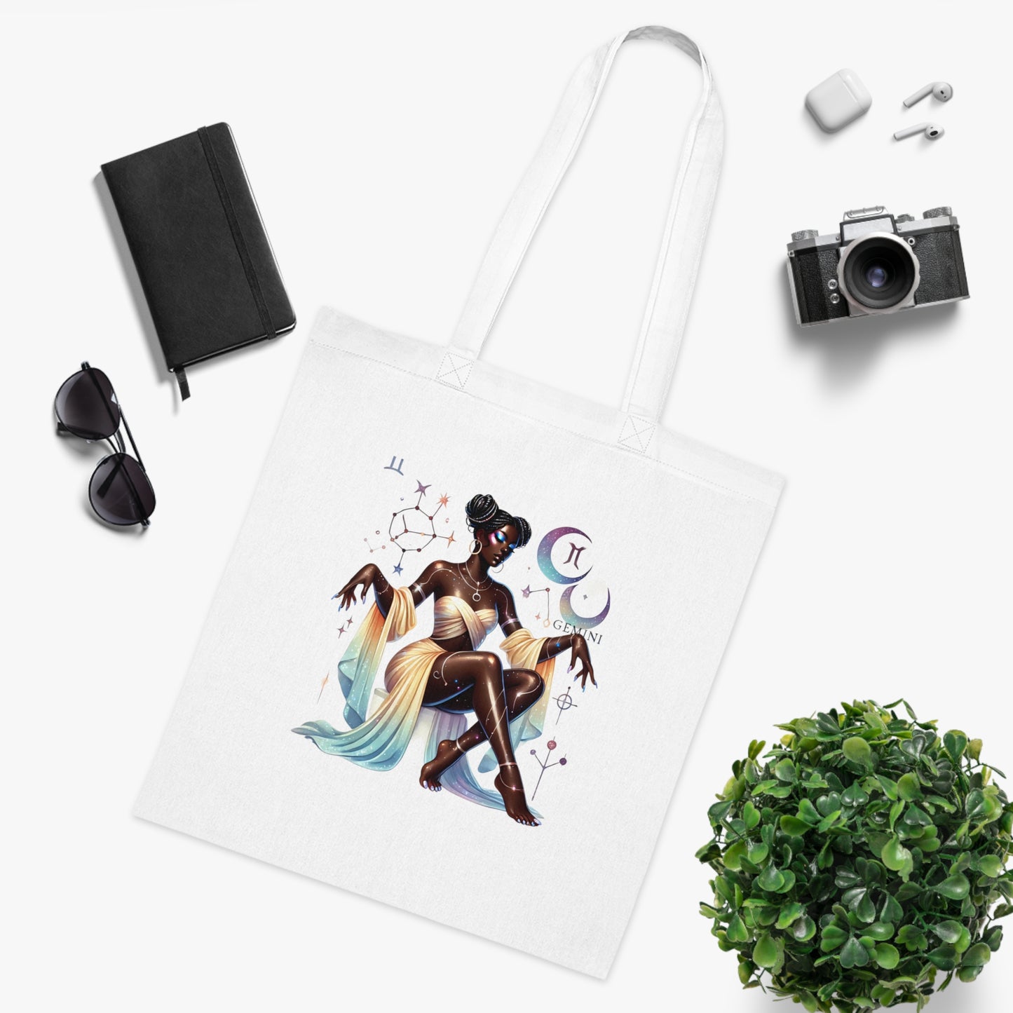 Zodiac Goddess Cotton Tote — Celestial Afro-Futurist Astrology Art Bag