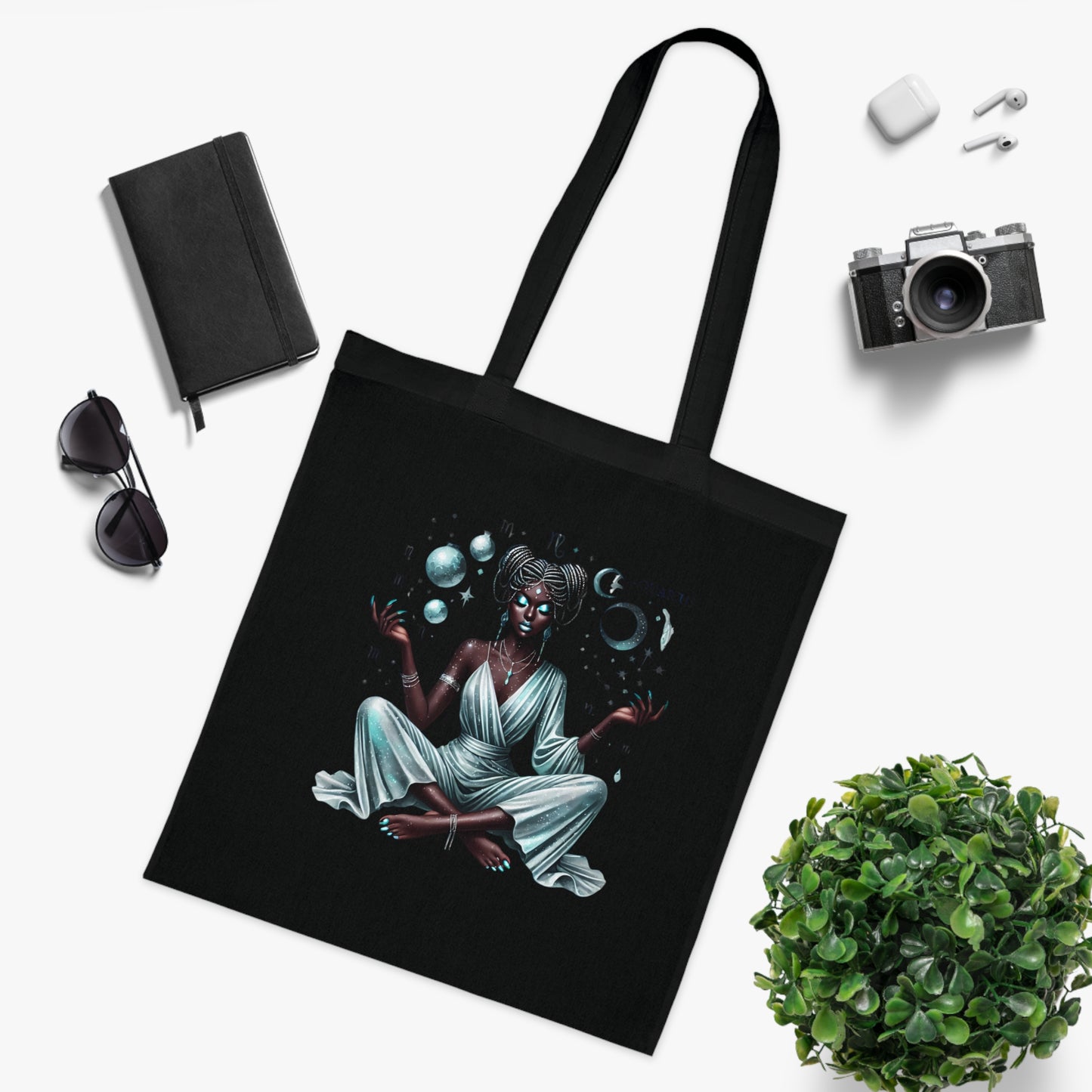Aquarius Goddess Tote Bag — Zodiac Cotton Tote with Mystic Celestial Design