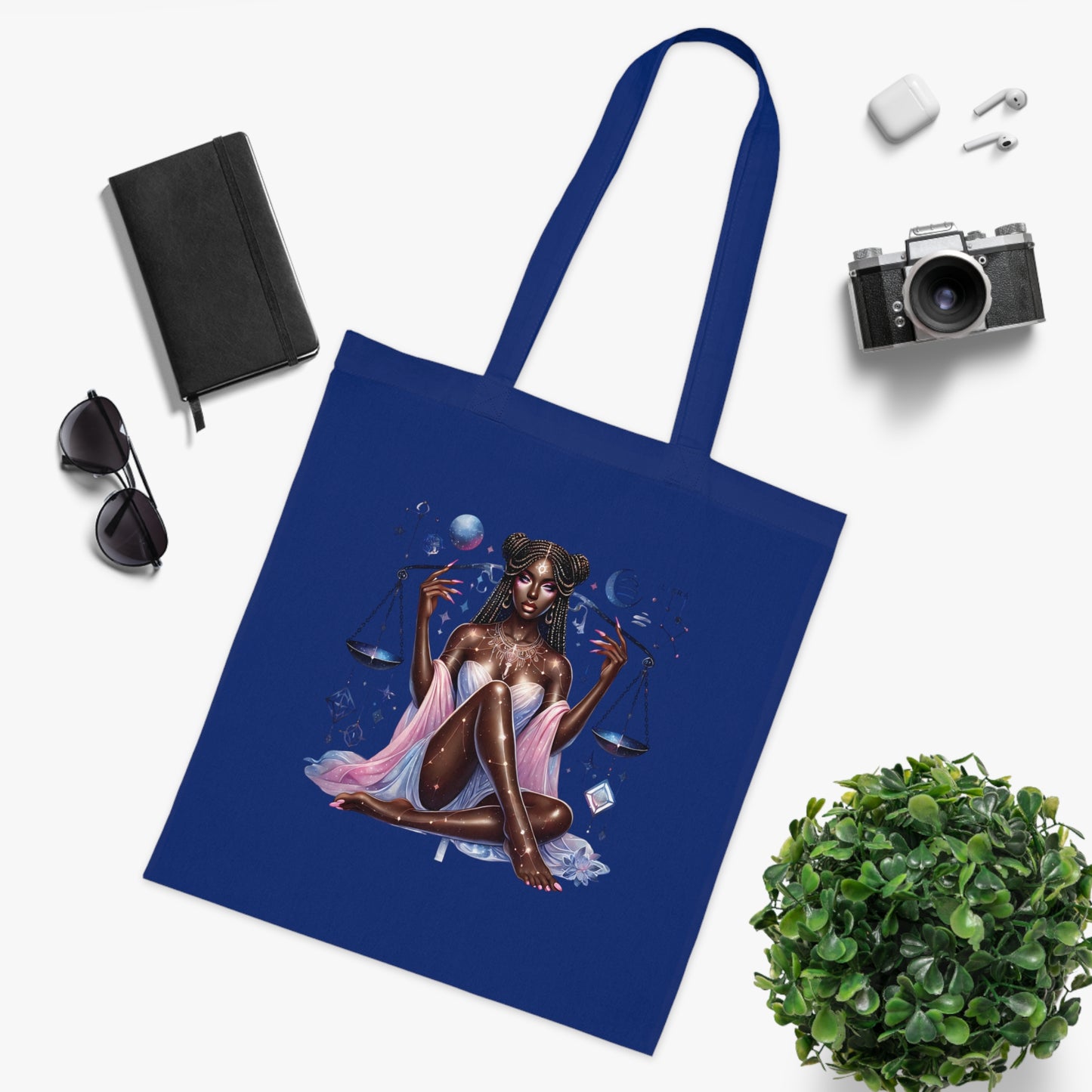 Libra Zodiac Tote — Cosmic Black Goddess Illustration Cotton Tote Bag