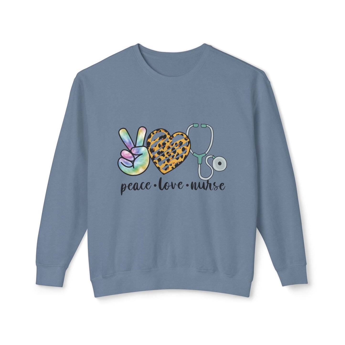 Nurse Crewneck Sweatshirt — "Peace • Love • Nurse" Tie-Dye & Leopard Heart