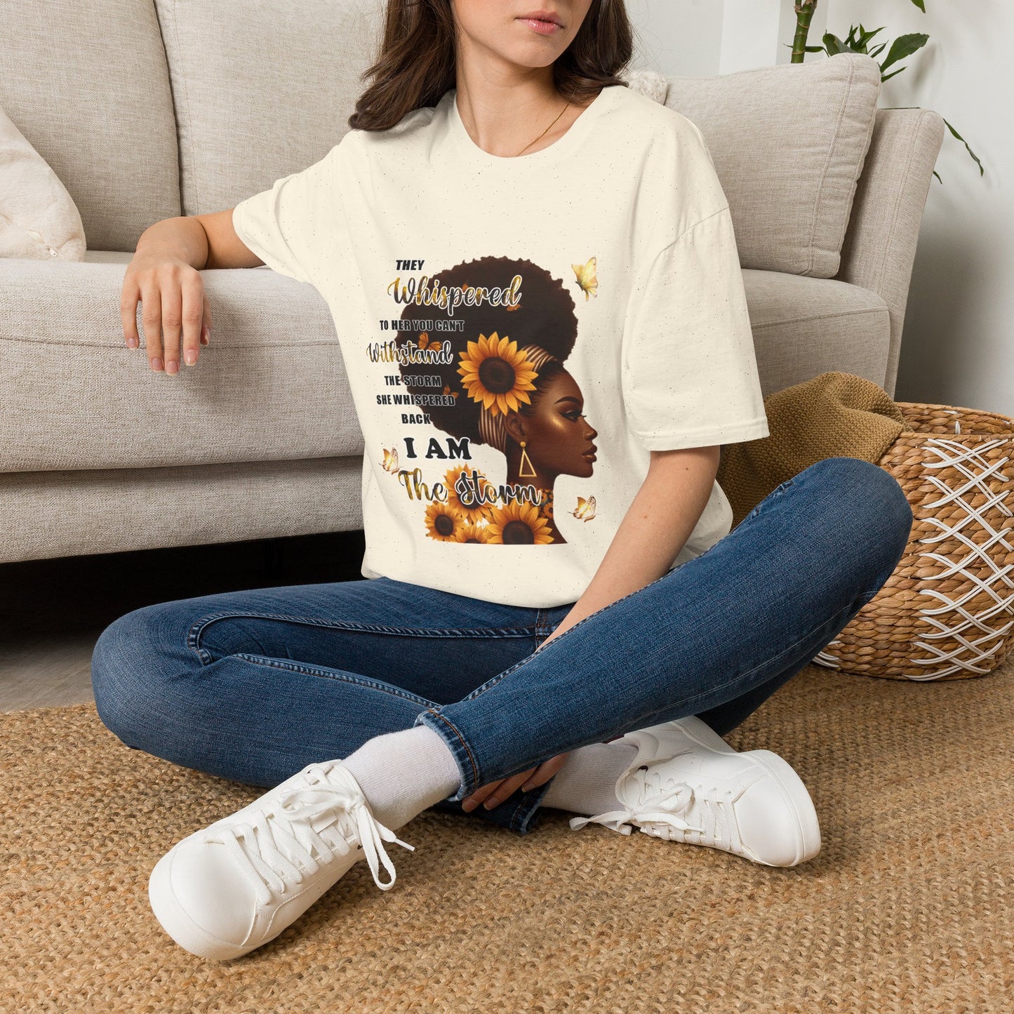 Afro Sunflower Inspirational Tee — "They Whispered... I Am The Storm"