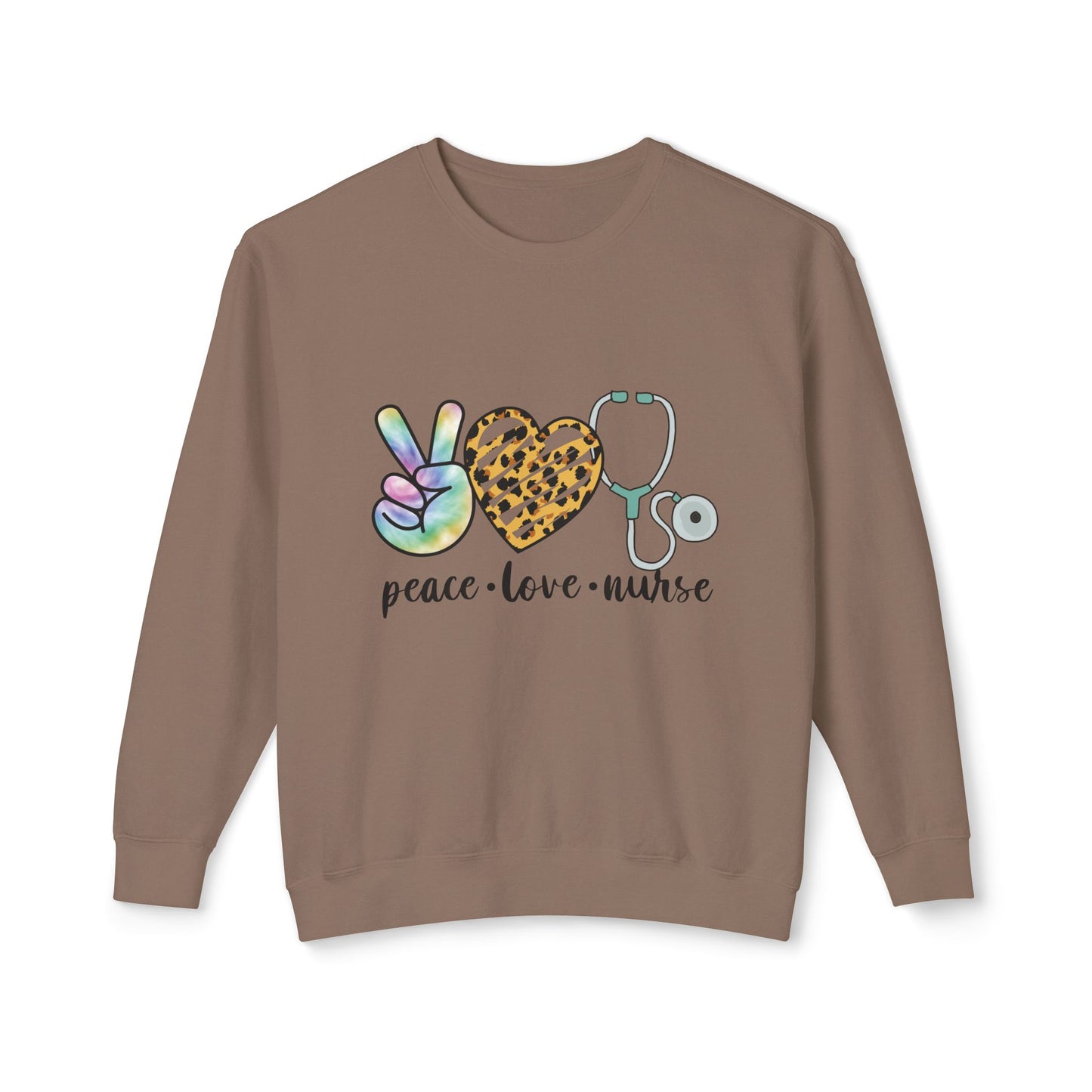 Nurse Crewneck Sweatshirt — "Peace • Love • Nurse" Tie-Dye & Leopard Heart