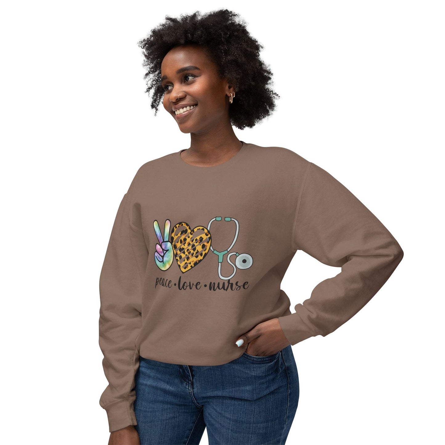 Nurse Crewneck Sweatshirt — "Peace • Love • Nurse" Tie-Dye & Leopard Heart