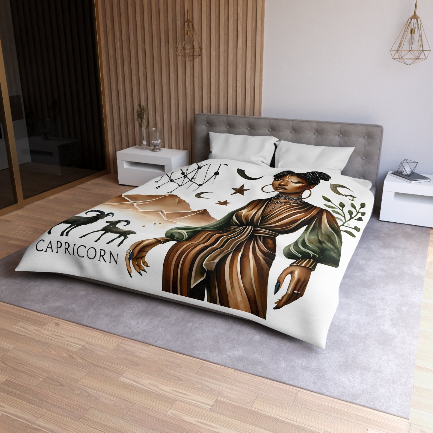 Capricorn Zodiac Duvet Cover — Elegant Earth-Toned Astrology Bedding
