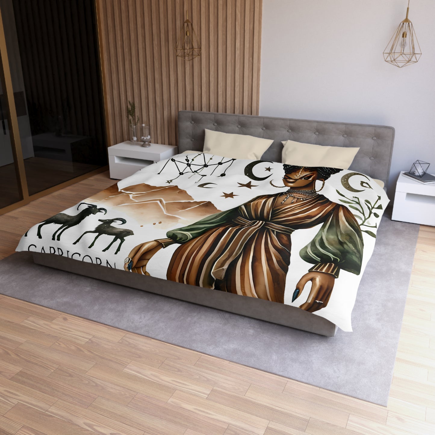 Capricorn Zodiac Duvet Cover — Elegant Earth-Toned Astrology Bedding