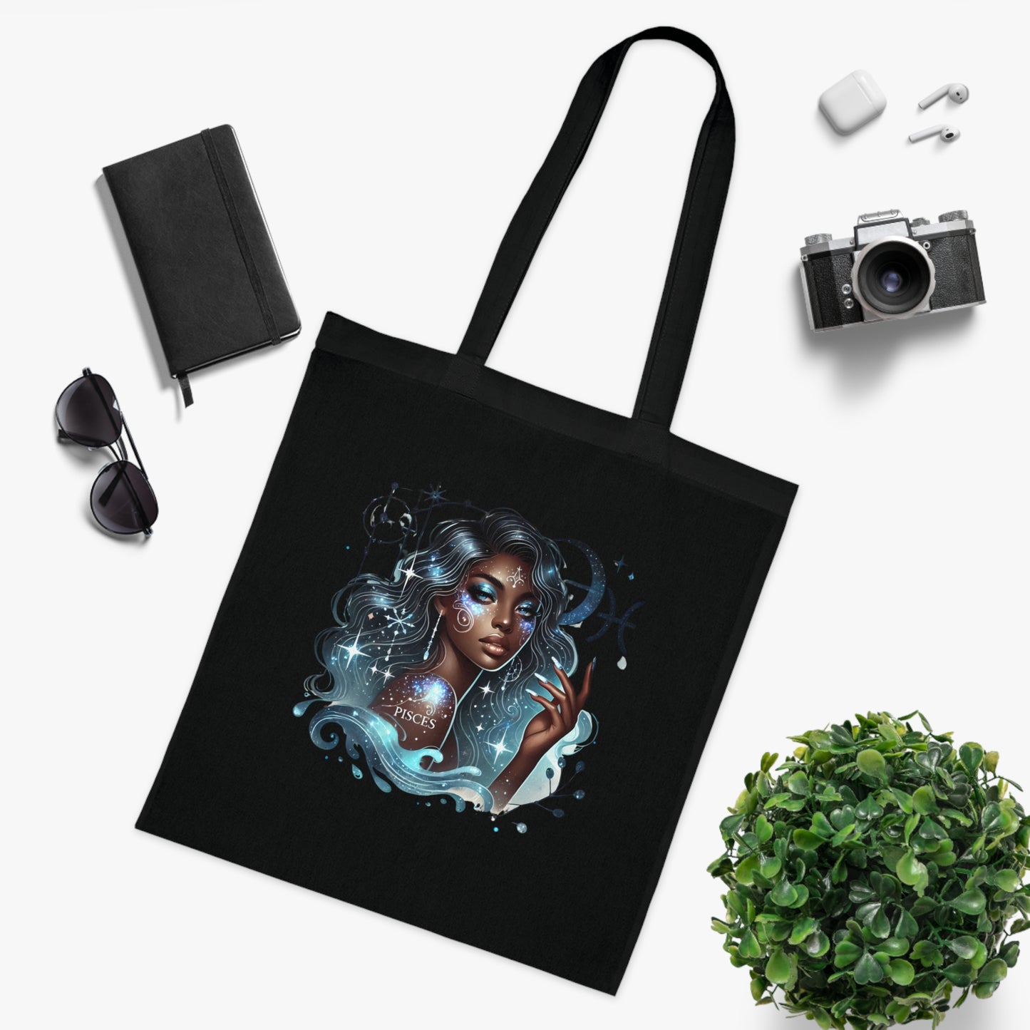 Pisces Goddess Cotton Tote — Astrological Water Sign Art Tote Bag