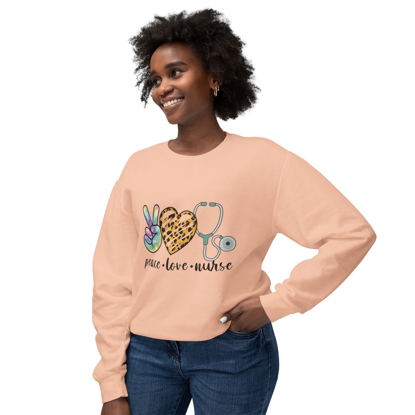Nurse Crewneck Sweatshirt — "Peace • Love • Nurse" Tie-Dye & Leopard Heart