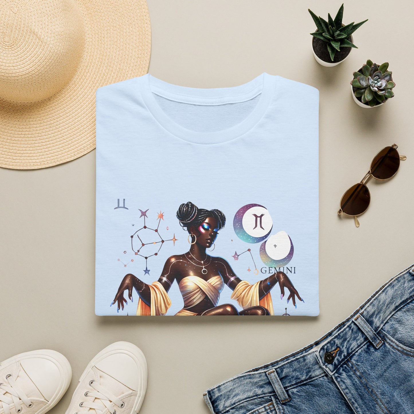 Gemini Zodiac Tee — Celestial Black Goddess Astrology T-Shirt
