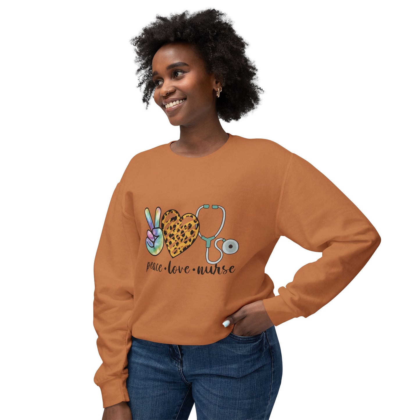 Nurse Crewneck Sweatshirt — "Peace • Love • Nurse" Tie-Dye & Leopard Heart