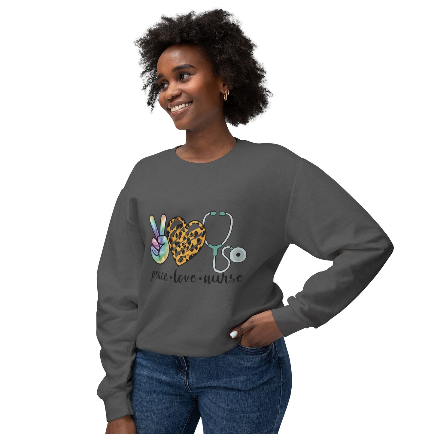 Nurse Crewneck Sweatshirt — "Peace • Love • Nurse" Tie-Dye & Leopard Heart