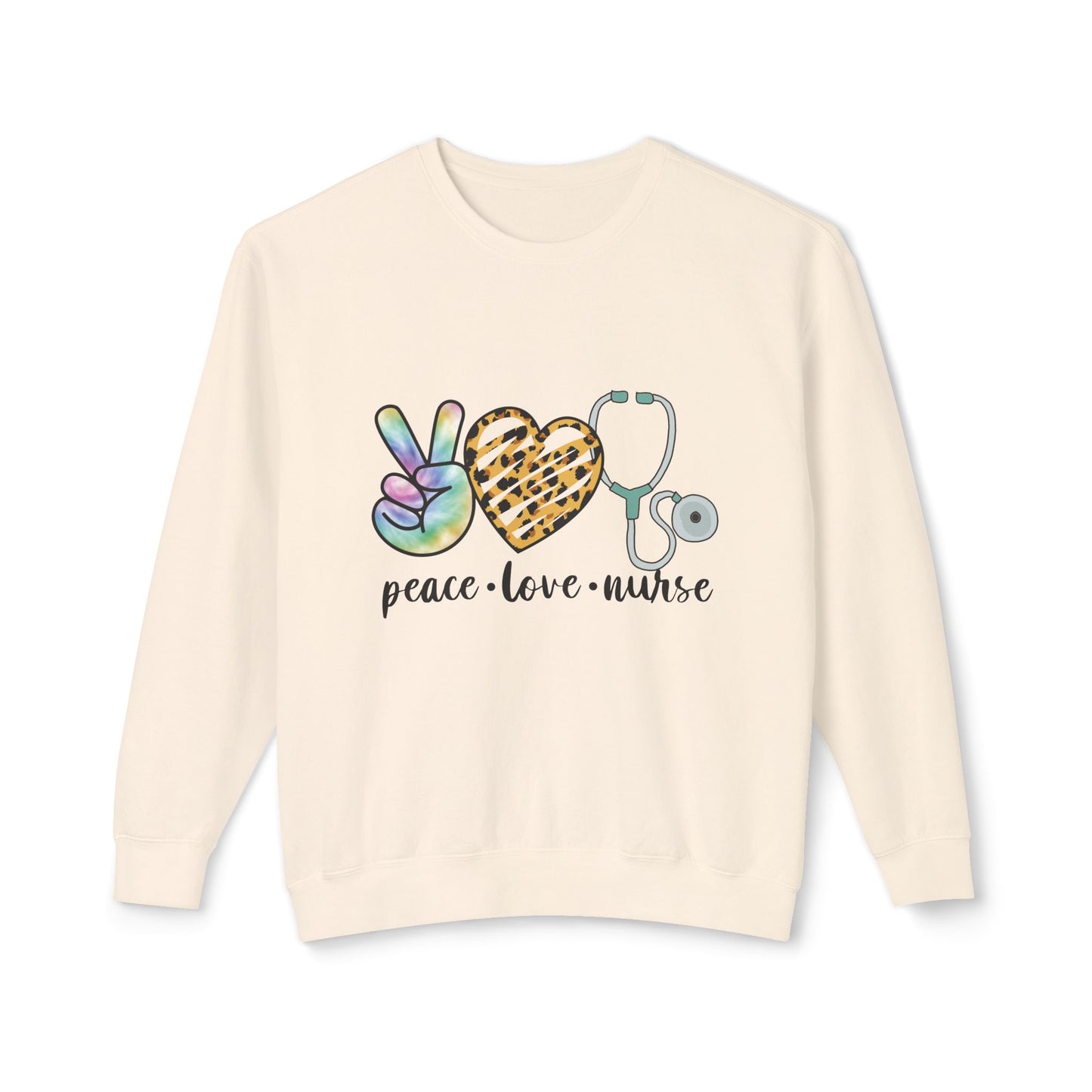 Nurse Crewneck Sweatshirt — "Peace • Love • Nurse" Tie-Dye & Leopard Heart