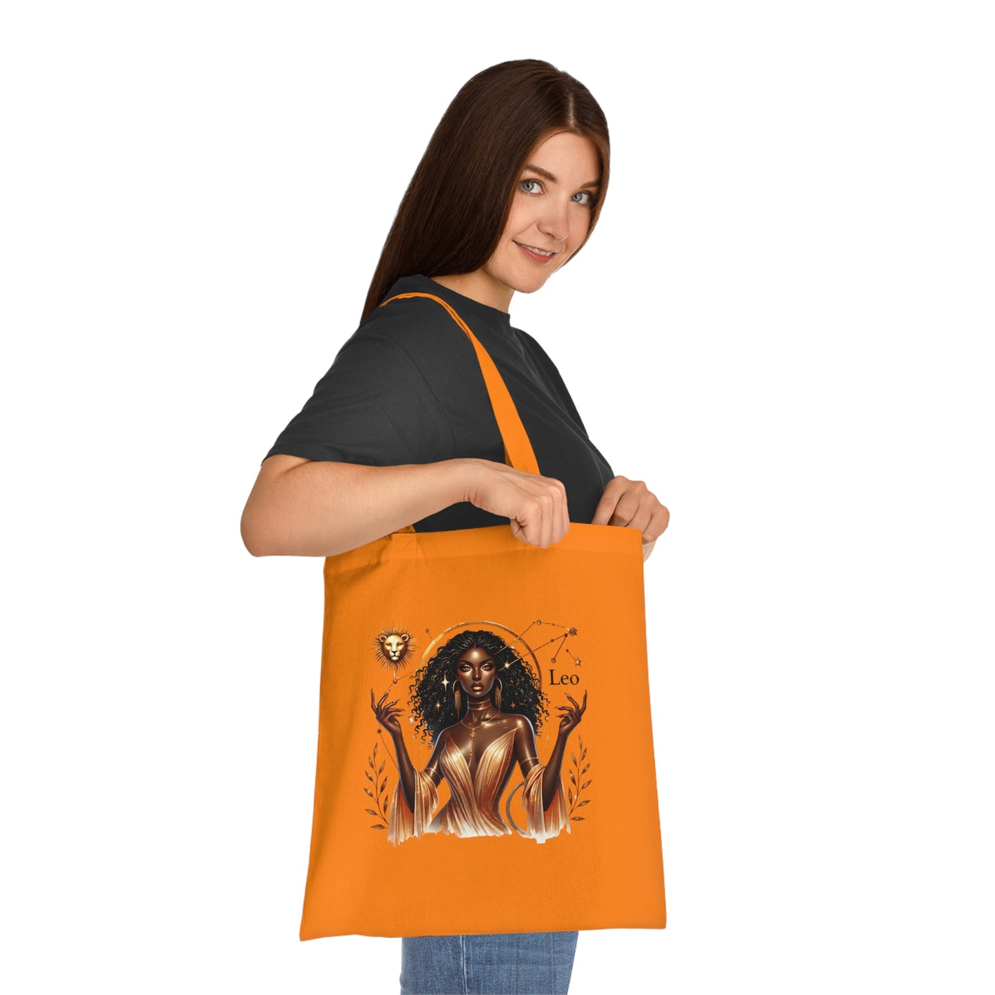 Leo Zodiac Tote Bag — Golden Black Woman Astrology Design Cotton Tote