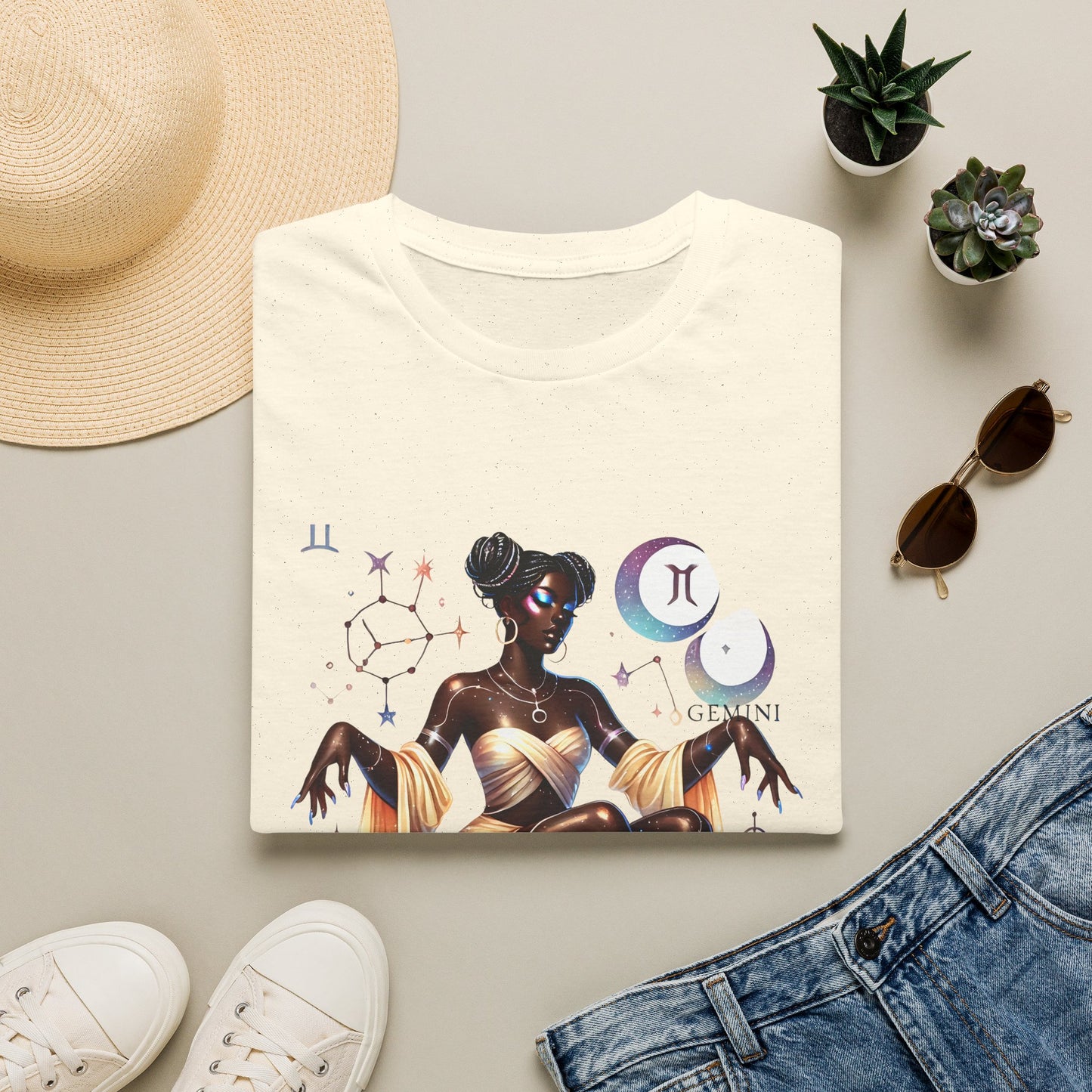 Gemini Zodiac Tee — Celestial Black Goddess Astrology T-Shirt