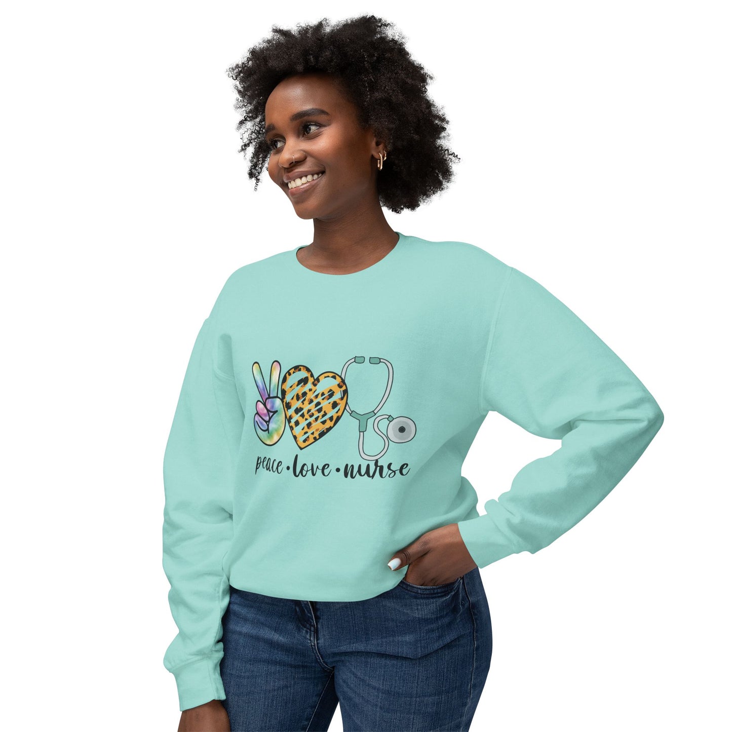 Nurse Crewneck Sweatshirt — "Peace • Love • Nurse" Tie-Dye & Leopard Heart