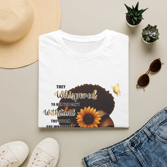 Afro Sunflower Inspirational Tee — "They Whispered... I Am The Storm"