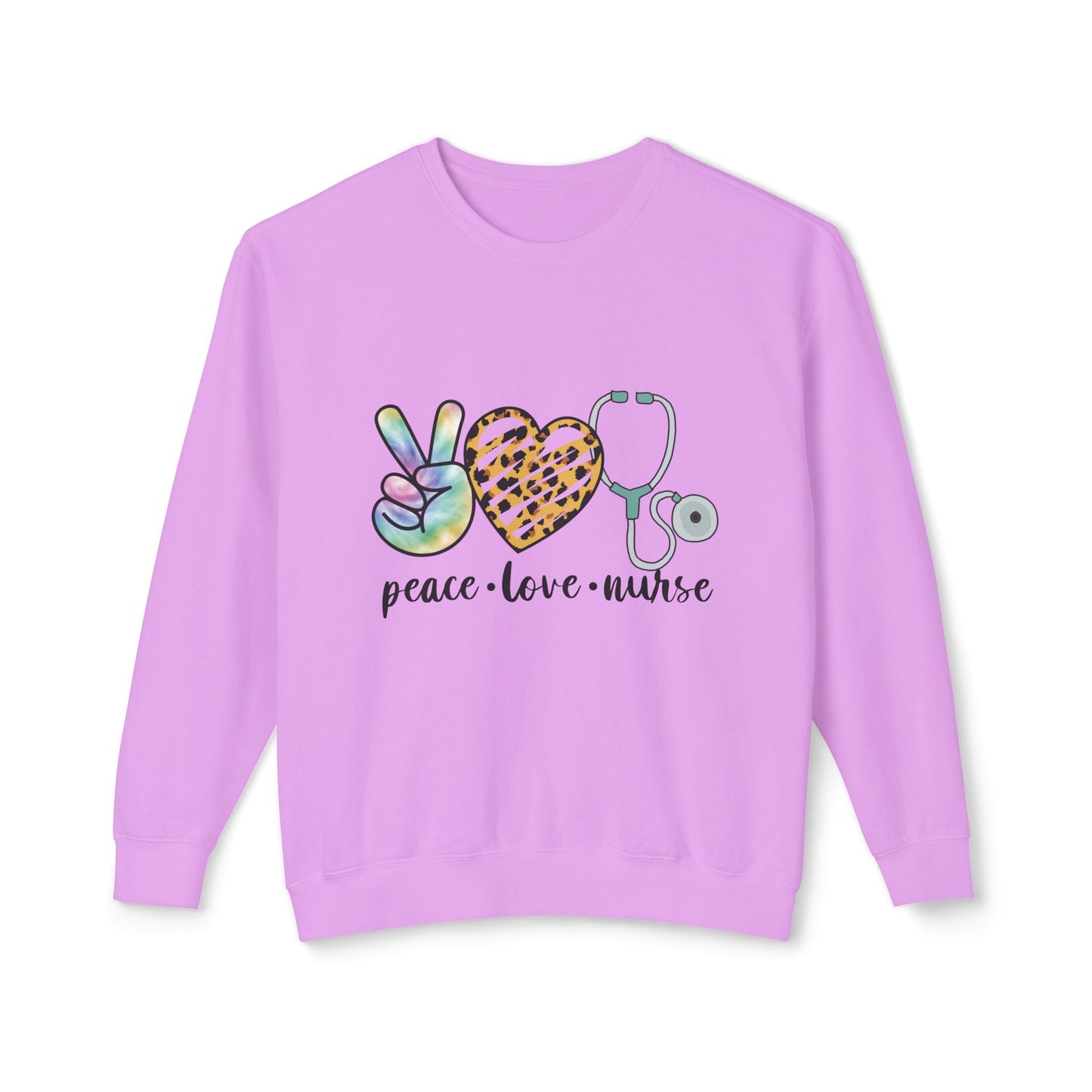 Nurse Crewneck Sweatshirt — "Peace • Love • Nurse" Tie-Dye & Leopard Heart