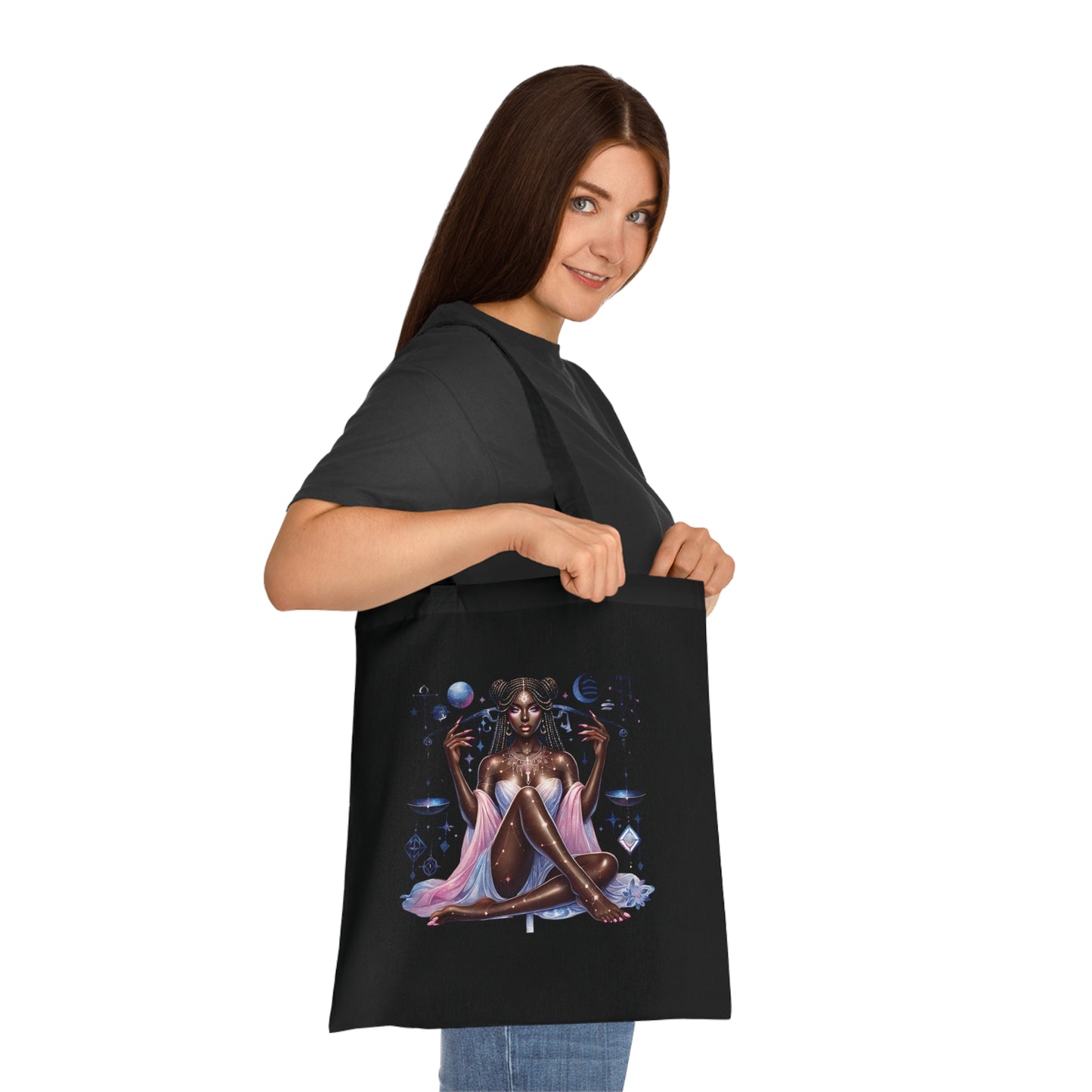 Libra Zodiac Tote — Cosmic Black Goddess Illustration Cotton Tote Bag
