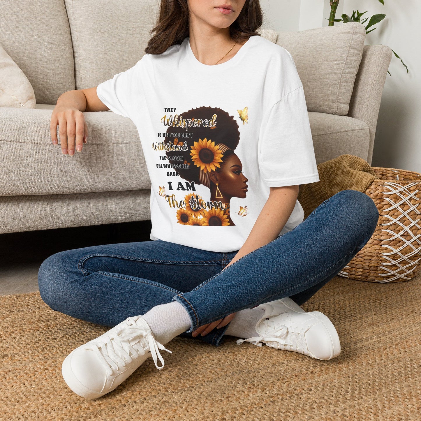 Afro Sunflower Inspirational Tee — "They Whispered... I Am The Storm"