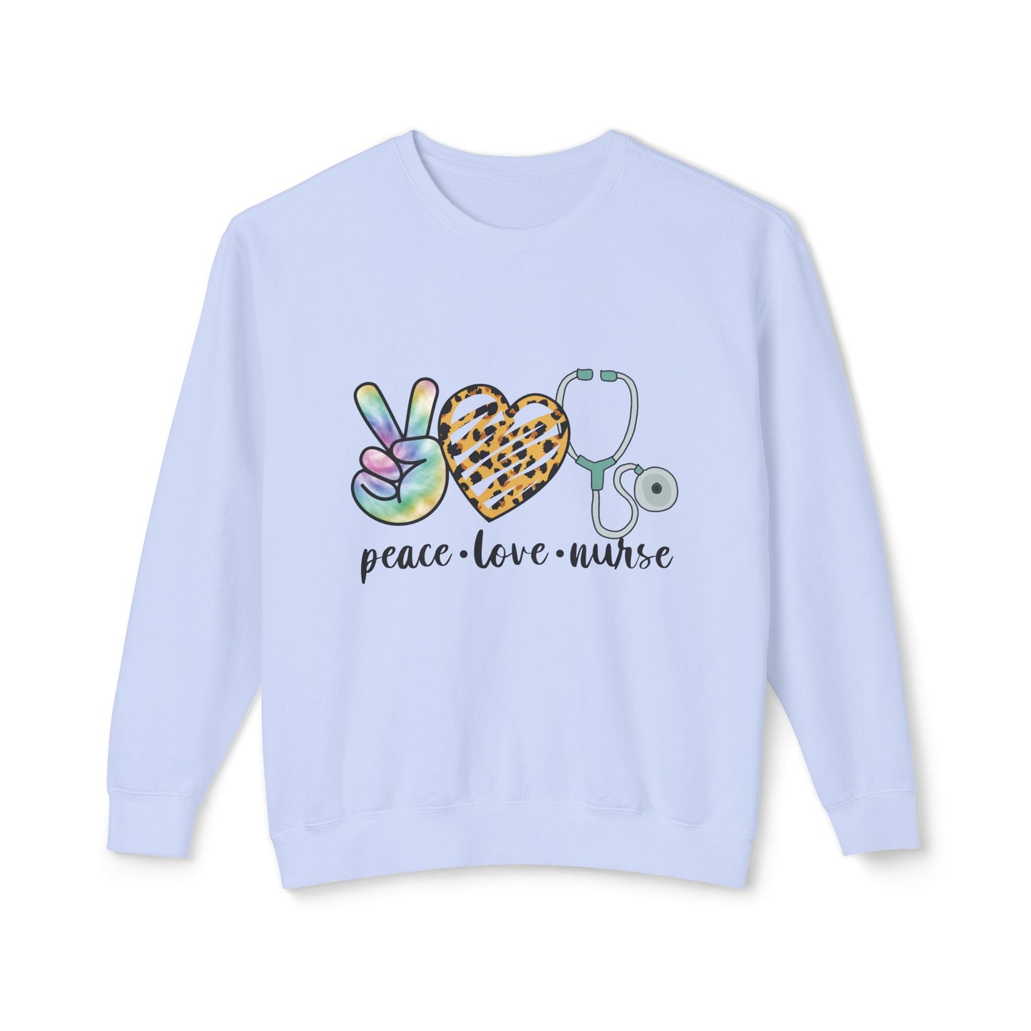 Nurse Crewneck Sweatshirt — "Peace • Love • Nurse" Tie-Dye & Leopard Heart