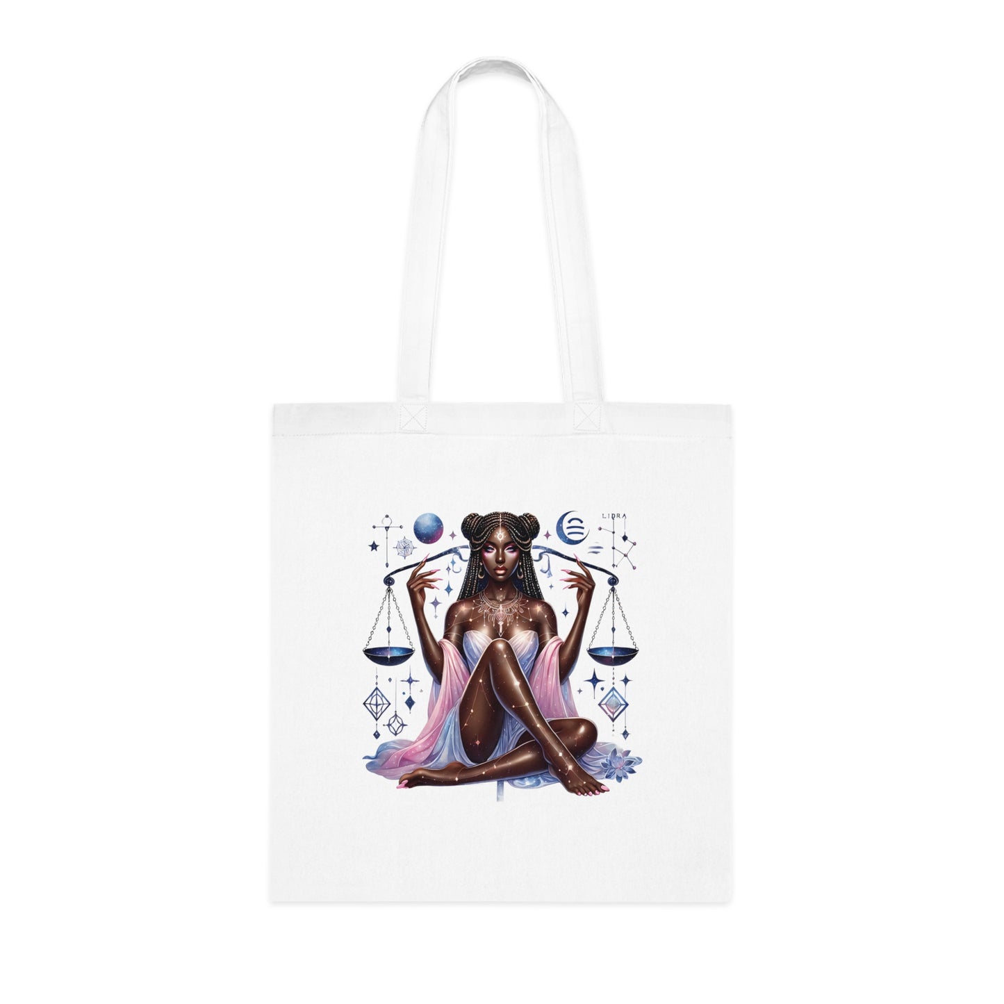 Libra Zodiac Tote — Cosmic Black Goddess Illustration Cotton Tote Bag