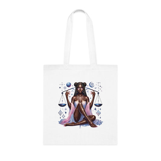 Libra Zodiac Tote — Cosmic Black Goddess Illustration Cotton Tote Bag