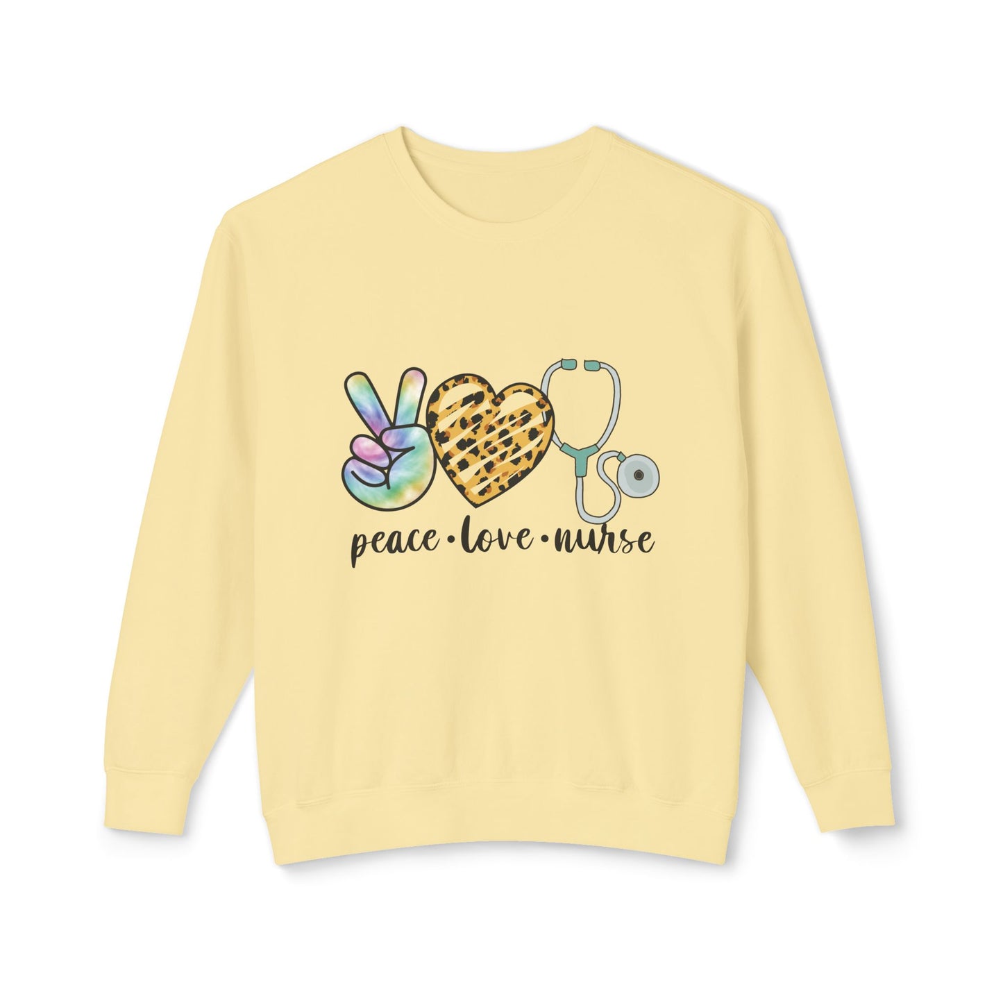 Nurse Crewneck Sweatshirt — "Peace • Love • Nurse" Tie-Dye & Leopard Heart