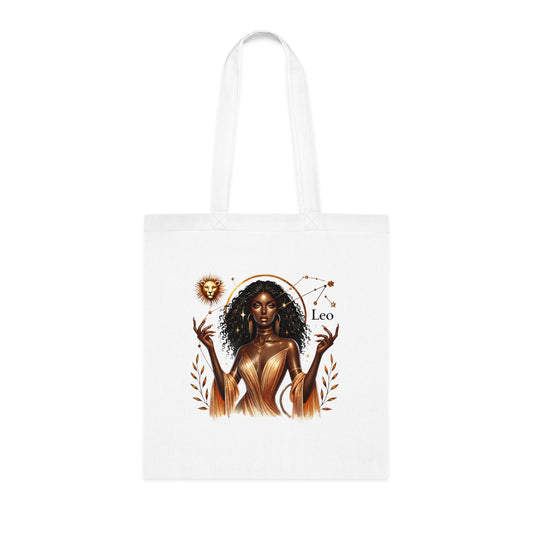 Leo Zodiac Tote Bag — Golden Black Woman Astrology Design Cotton Tote
