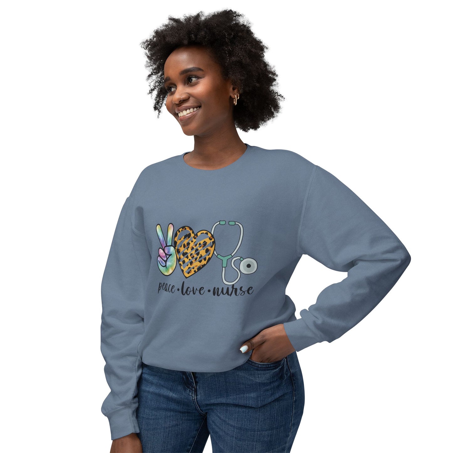 Nurse Crewneck Sweatshirt — "Peace • Love • Nurse" Tie-Dye & Leopard Heart