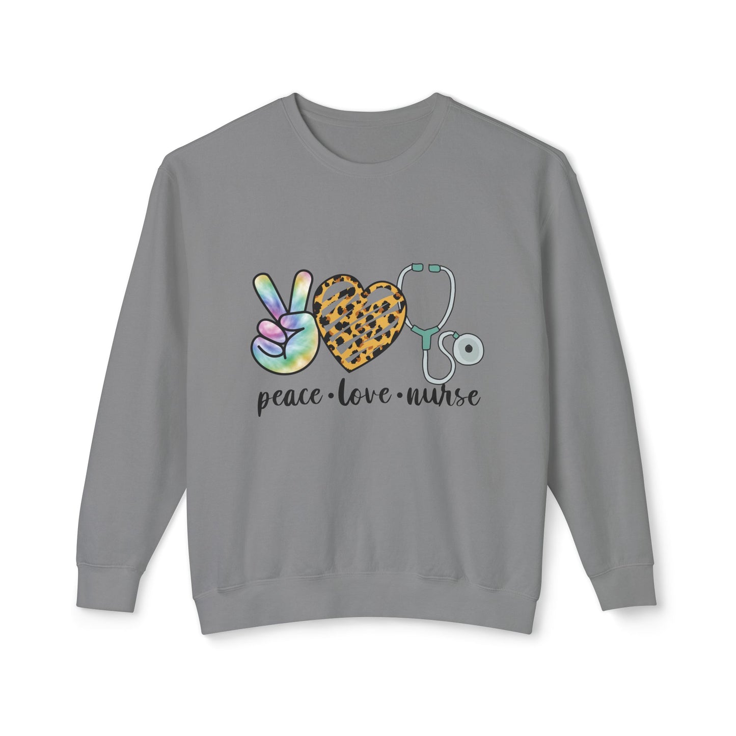 Nurse Crewneck Sweatshirt — "Peace • Love • Nurse" Tie-Dye & Leopard Heart